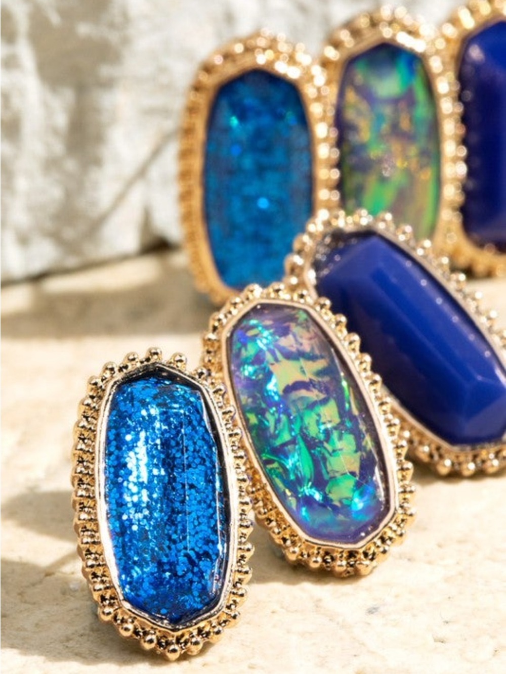 Blue and Gold studded Oval Earrings Set-NEW in packaging-3Pairs in package